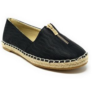 Women Espadrille Zipper Ballet Flats, E-2607 Black